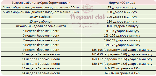 Сердцебиение плода норма ЧСС по неделям